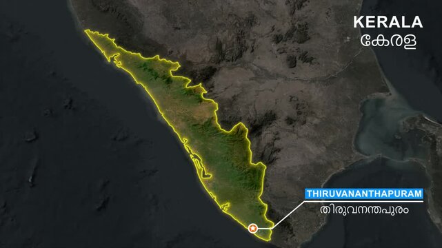 Kerala state map highlight animation, Pointing the capital Thiruvananthapuram in a star marker and label text, Location Visualization, outline glowing, geographic and political map