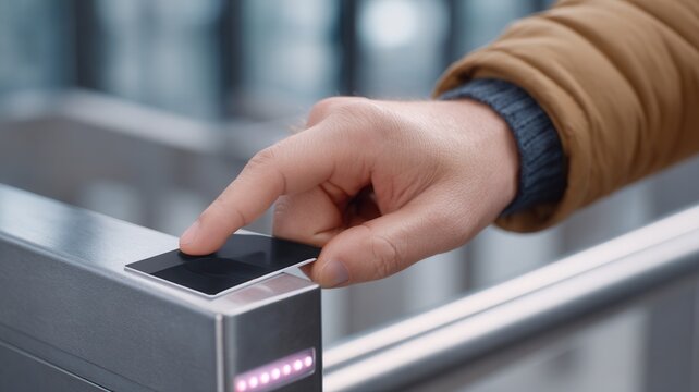 Hand placing thumb on a biometric scanner or card reader at an automatic turnstile accessing a restricted area
