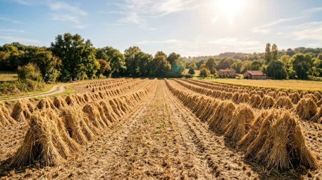 Golden Wheat Field Harvested with Stooks Under a Sunny Sky.