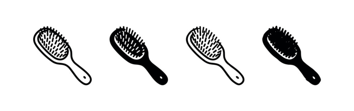 Set of four stylized black and white hairbrush icons, abstract grooming tools