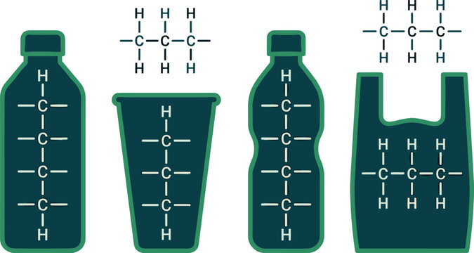 Plastic pollution and chemical molecular structure vector concept featuring single use bottles cup and bag with polymer hydrocarbon chain formulas illustration