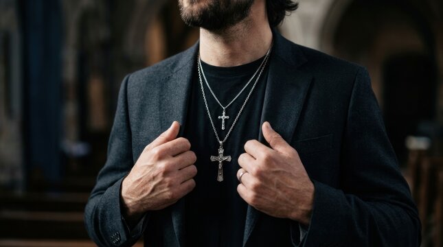 Man wearing a cross necklace and a suit jacket.