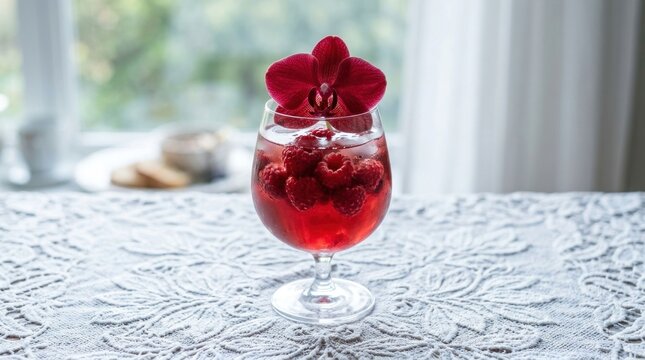 Refreshing Red Berry Cocktail Garnished with Orchid and Raspberries.