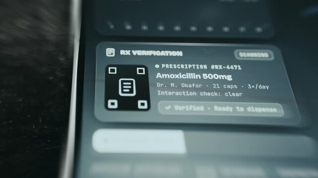 Digital prescription verification screen for Amoxicillin 500mg