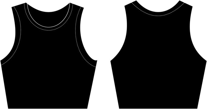 Black crop top vector mockup, sleeveless tank top technical drawing, front and back view of female athletic sports bra, apparel design template