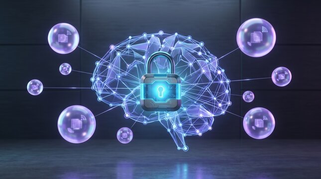 security concept showing a central glowing padlock over a digital low-poly brain, connected to data bubbles with wireless document icons for cloud storage and AI safety.