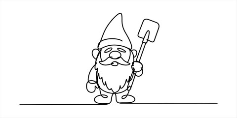 Continuous single line drawing of a cute garden gnome holding a small shovel © DCB Line Stocker