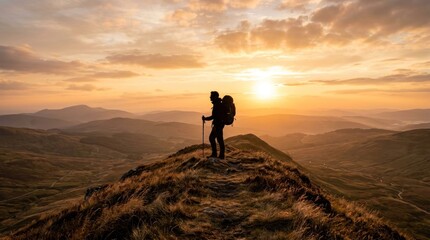 Obraz premium Silhouette of a hiker on a mountain peak at sunset.