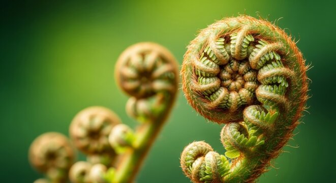 Extreme macro view of emerging fern crosiers showing complex Fibonacci spiral textures and golden fibers