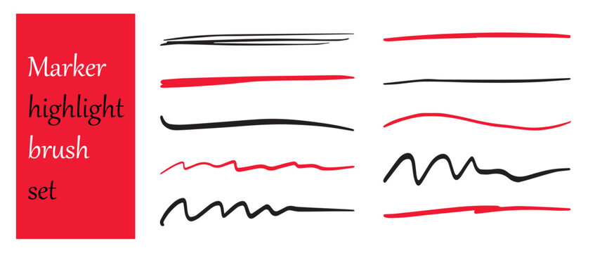 Line Marker Stroke Underline and Highlight Brush Effect Set, Handwritten Vector Underline Elements, Marker Pen Emphasis Lines, Scribble Accent Strokes Collection, Stock Illustrator