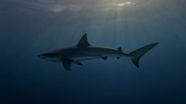 Large Predatory Shark Swimming Silently Through Deep Blue Ocean Waters Under Dramatic Sunbeams From The Surface