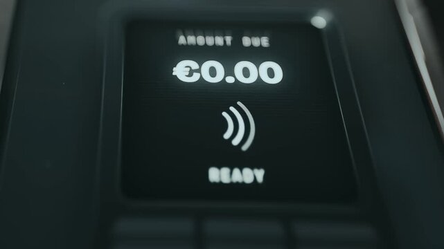 Contactless payment terminal interface indicating an amount due of 0 Euros