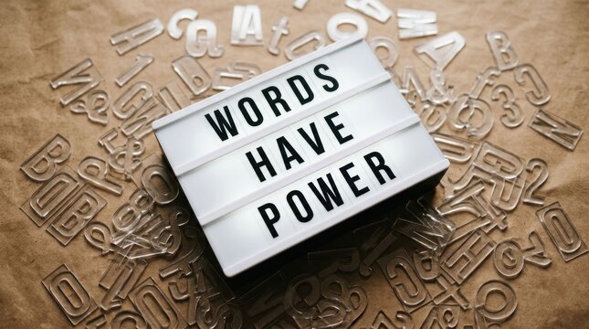 Words Have Power Motivational Message on Lightbox Surrounded by Letters.