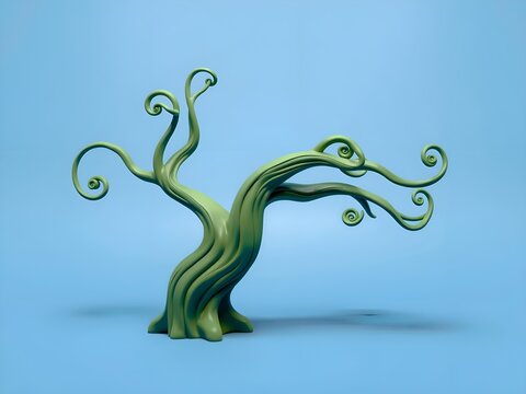 Whimsical Green Tree Sculpture, Stylized 3D Render
