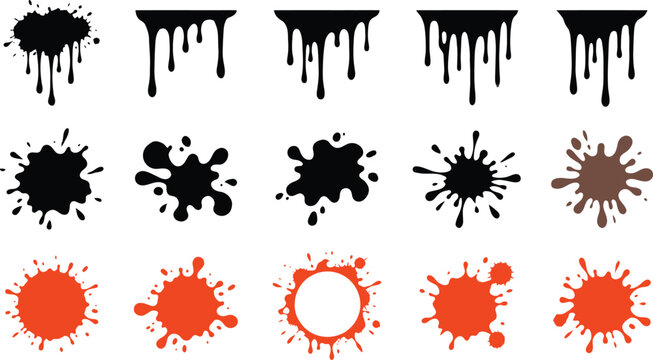  Black and orange ink splash vector set with paint drops dripping borders and messy splatters elements isolated on white background