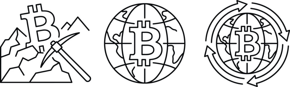  Bitcoin cryptocurrency vector icons set with crypto mining and global network outline line art designs isolated on white background