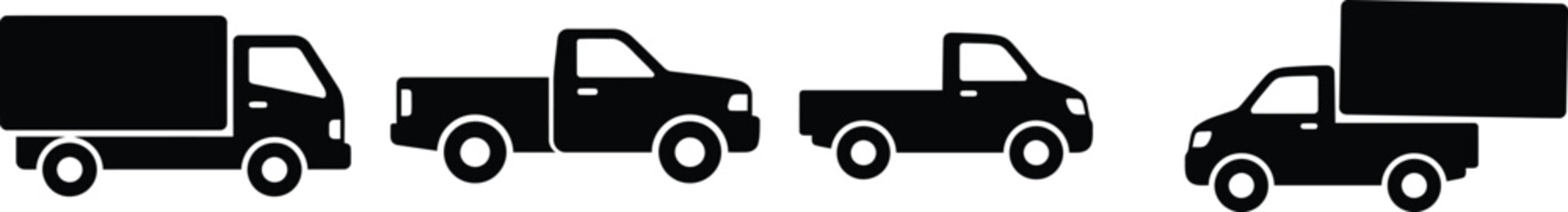  Commercial truck silhouettes vector icons set with pickup cargo van and delivery vehicle side view symbols isolated on white background © Partho