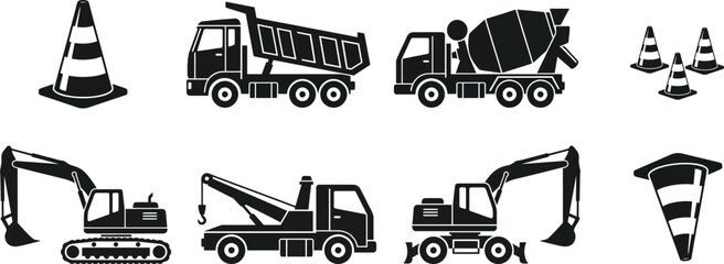  Construction vehicles and machinery black vector icons set with excavator dump truck cement mixer cones isolated on white background © Partho