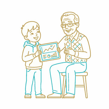 Line art illustration of a young boy showing a digital tablet with charts to his grandfather.
