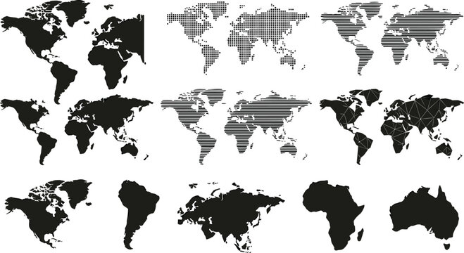 World Map Silhouette Vector Set Featuring Various Textured Continents and Separate Geographic Outlines of Africa, Australia, Eurasia, North America, and South America