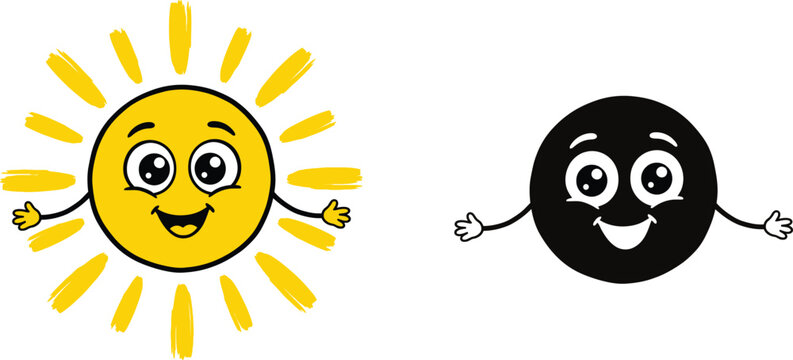  Cute cartoon sun and eclipse vector illustrations set with happy smiling faces and open arms isolated on white background