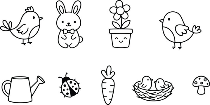  Cute spring and easter vector line icons set with cartoon bunny bird chick nest flower carrot and ladybug isolated on white background