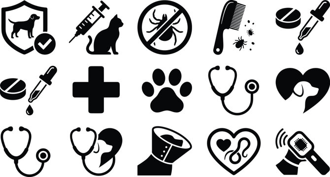 Veterinary and Pet Care Icon Set Featuring Dog and Cat Health Symbols, Syringe Vaccination, Anti Flea Protection, Medicine Dropper, and Stethoscope Graphics