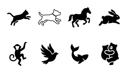 Set of 8 Animal Icons: Silhouette Vector Graphics of Cat, Dog, Horse, Rabbit, Monkey, Bird, Fish, Bear for Wildlife and Pet Themes © pixostudio