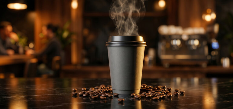 Steaming hot coffee cup, cozy modern cafe atmosphere, minimalist drink beverage display, premium coffee shop styling, delicious warm morning coffee, clean coffee cup mockup, professional beverage phot