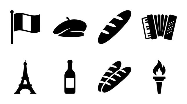 French Icons Set: Eiffel Tower, Baguette, Beret, Accordion, Flag, Wine, Torch, Vector Graphics