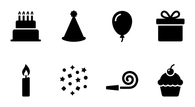 Birthday Celebration Icons Set, Festive Party Elements, Cake, Gift, Balloon, Candle, Confetti, Vector Graphics
