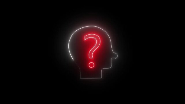 Neon line Human head with question mark icon black background.