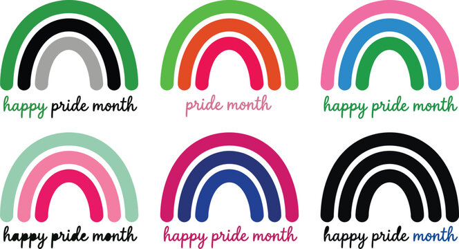  Happy pride month colorful rainbow vector icons set with lgbt flag colors and brush lettering isolated on white background