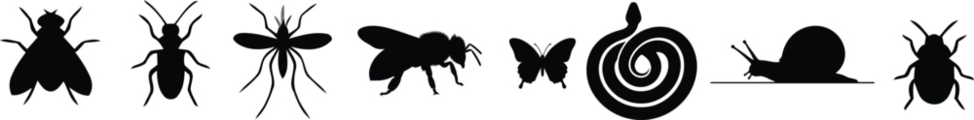  Insects and small animals black silhouettes vector icons set with snake fly mosquito bee butterfly snail isolated on white background © Partho