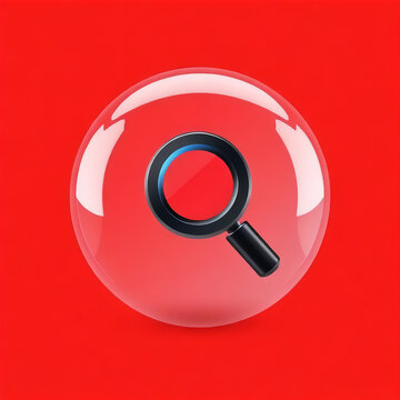A glossy 3D illustration of a red magnifying glass icon, serving as a web search button and optical zoom lens symbol to find and look for business data on the internet