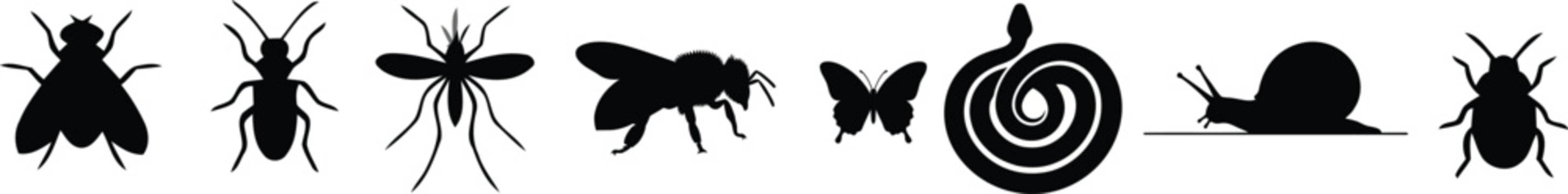  Insects and small animals black silhouettes vector icons set with snake fly mosquito bee butterfly snail isolated on white background
