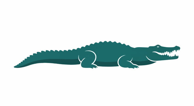 A teal alligator with an open mouth, sharp teeth, and a long, scaled tail