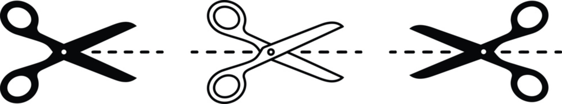  Scissors with dashed cut lines vector icons set with black silhouettes and outline designs isolated on white background