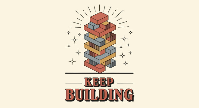 Colorful building blocks logo, motivational quote, keep building, construction icons, vector illustration
