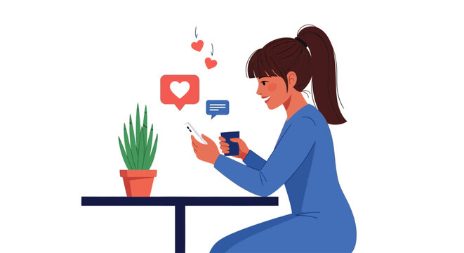 Woman using smartphone, social media icons, chatting online, digital communication