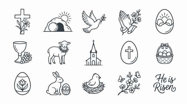 Easter Religious Symbols and Icons Collection: Cross, Dove, Bunny, Egg, Church, Lamb, Sunrise