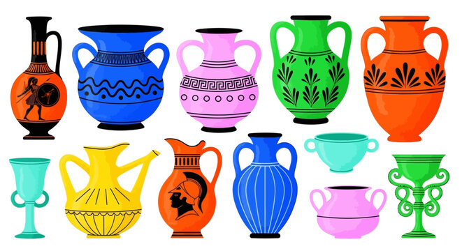 Colorful ancient Greek vase icons, ceramic amphora illustrations, vector pottery set, decorative urn graphics