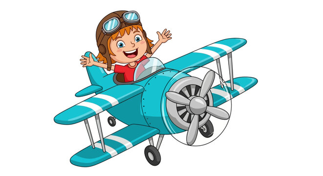 Vintage biplane, cartoon airplane, blue aircraft, kid pilot