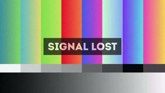 Vibrant color bar test pattern with 'Signal Lost' message indicating TV broadcast interruption or error screen concept