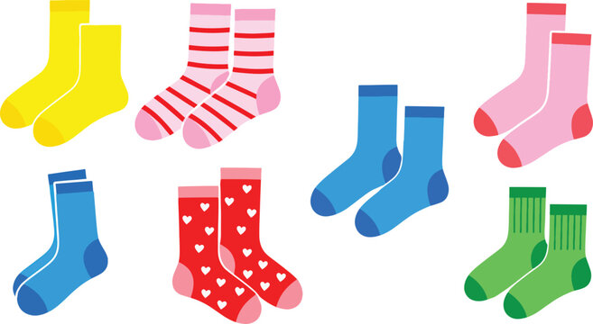 Several colorful socks are arranged on a white background.
