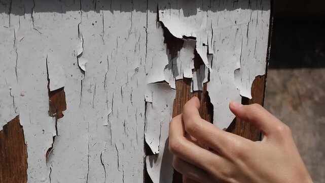 Hand peeling old chipped paint from worn wooden furniture surface