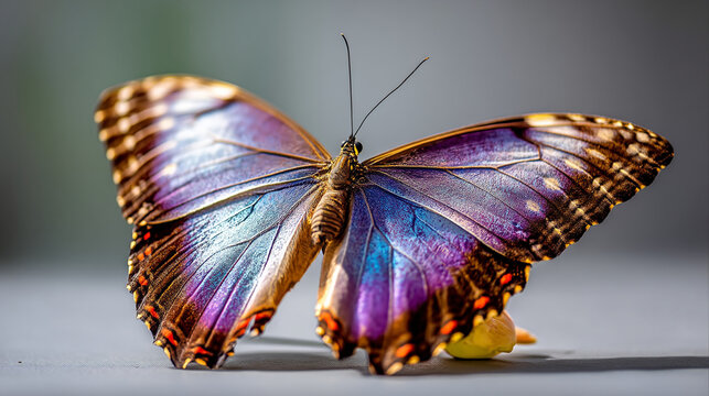 Morpho butterfly with iridescent purple and blue wings on gray background, macro photogr