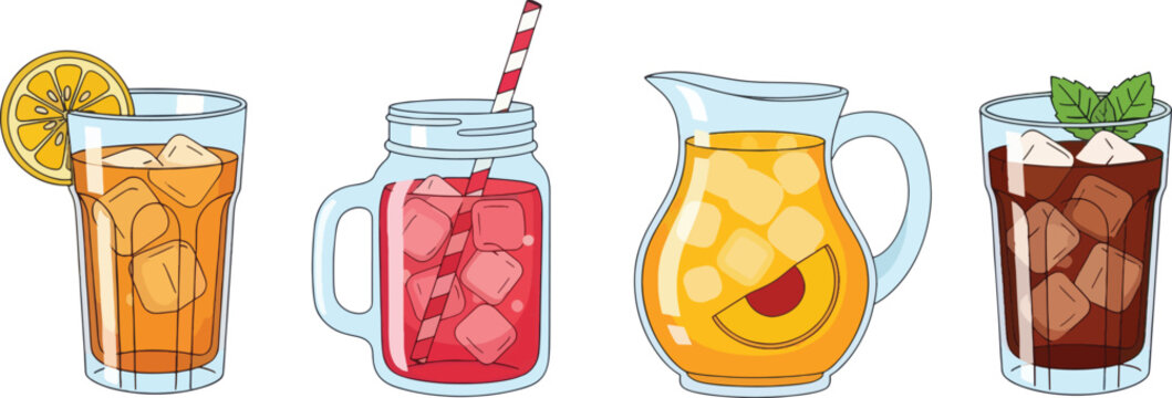 Four iced drinks are displayed in a row.