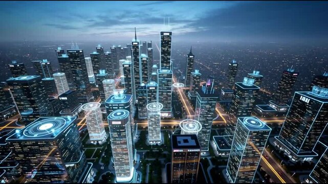 Futuristic Smart City Night Aerial View with Digital Technology