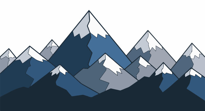 Stylized snow-capped mountains in cool blue and gray tones